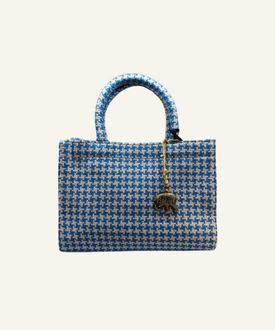 Anokhi Tasche Book Tote Small Hahnentritt blau