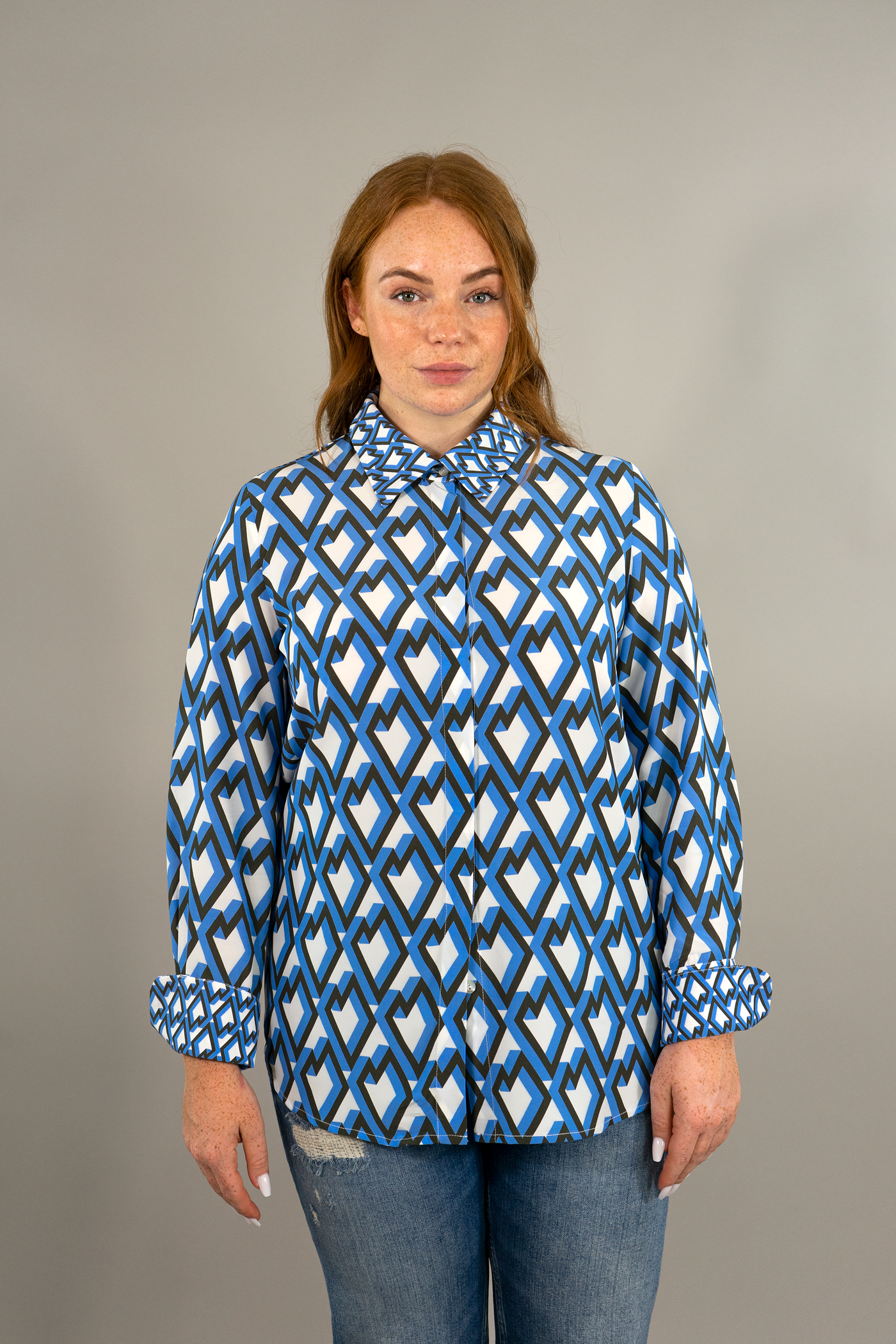 Sem per Lei Bluse mit Hemdkragen und geografischem Muster blau