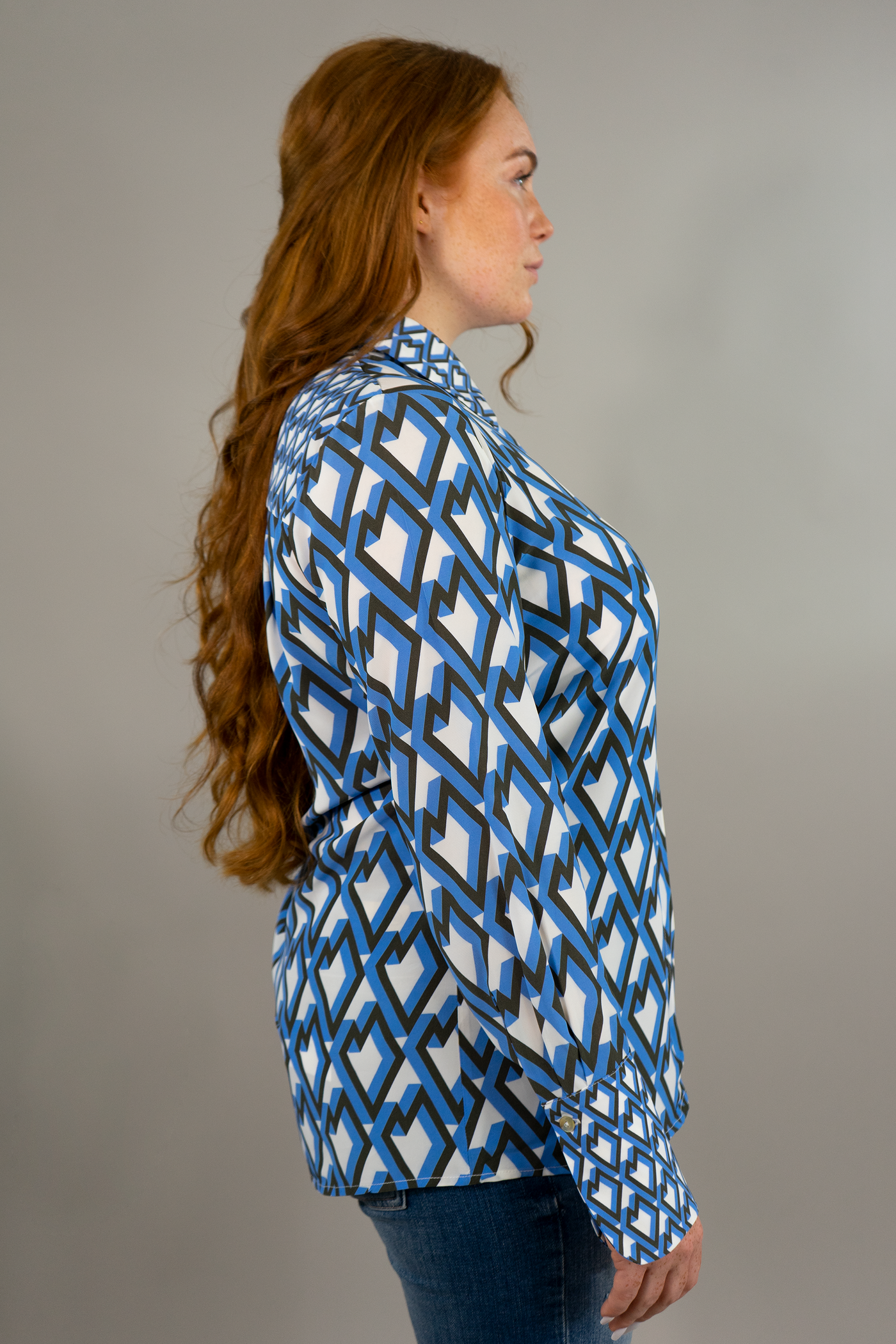 Sem per Lei Bluse mit Hemdkragen und geografischem Muster blau