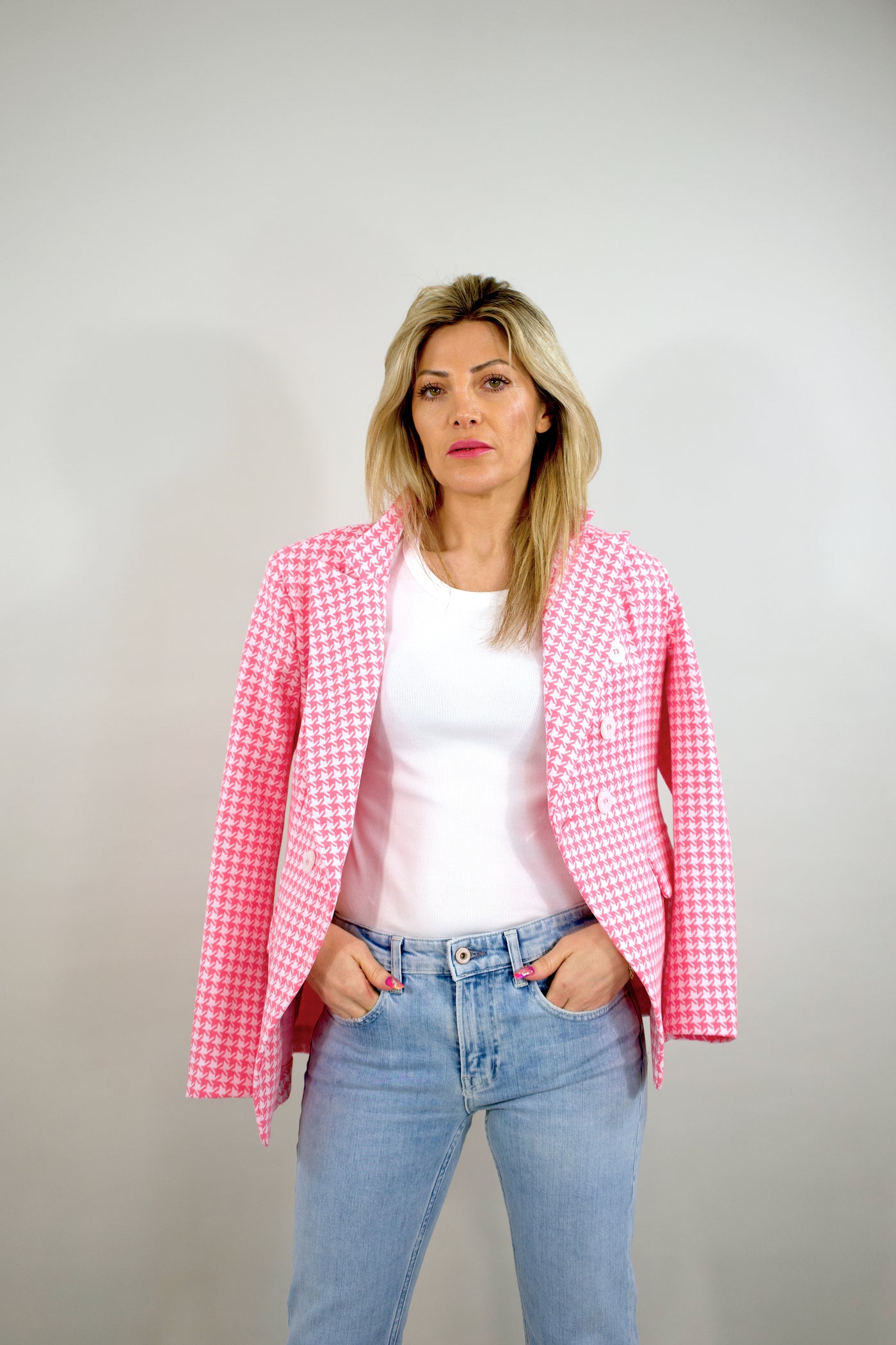 Sem Per Lei Blazer Hahnentrittmuster Rosa/Weiß