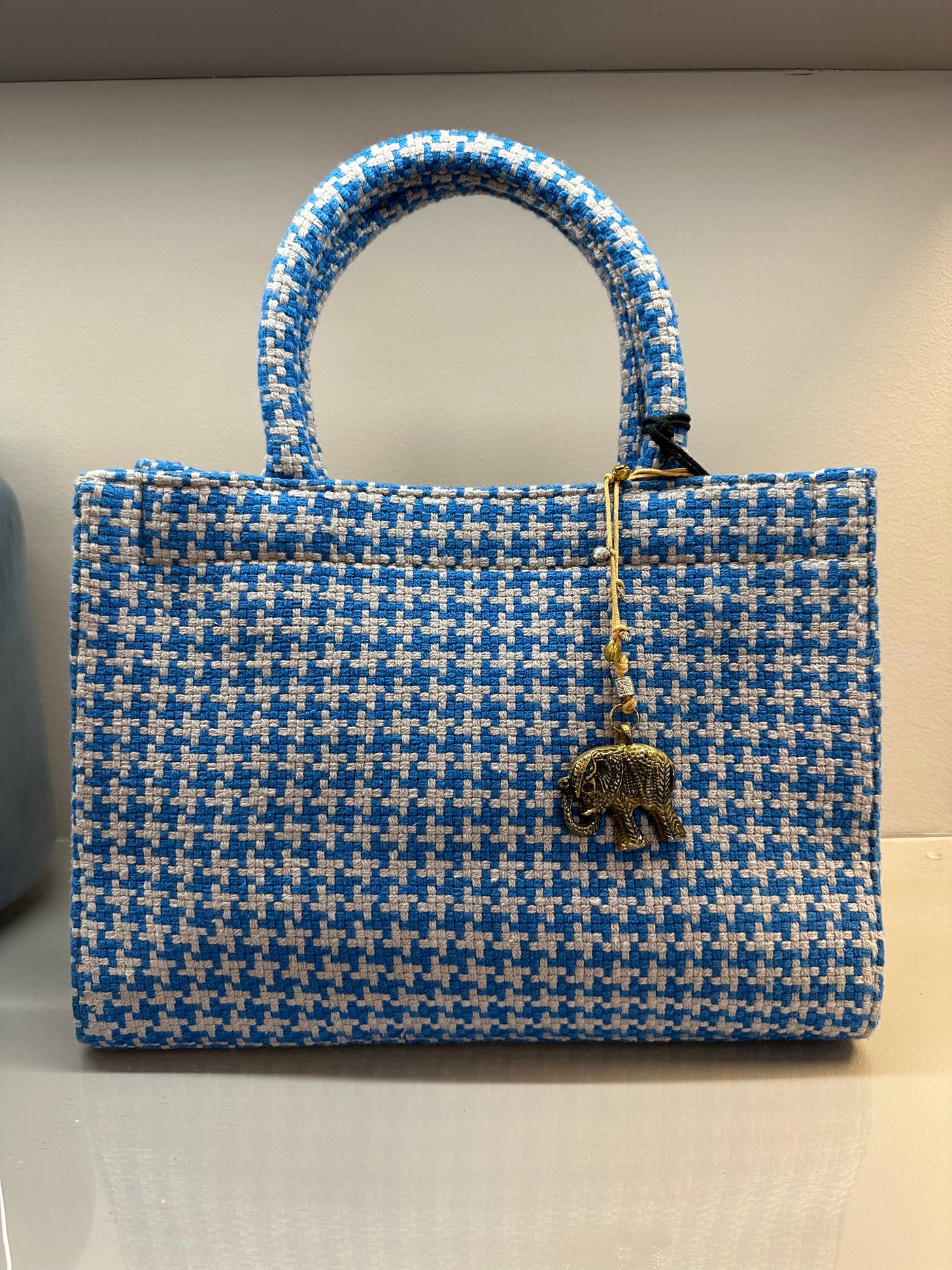 Anokhi Tasche Book Tote Small Hahnentritt blau
