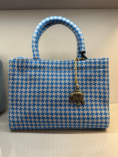 Anokhi Tasche Book Tote Small Hahnentritt blau